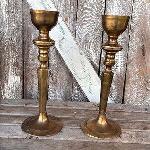 VTG Solid Brass Candle Sticks Patina Made In India Set Of 2
